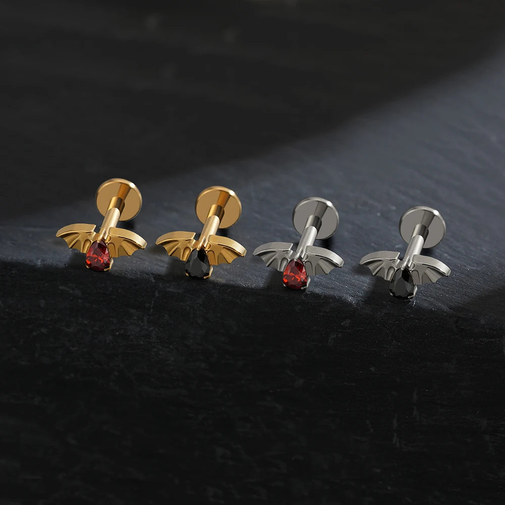 Bat helix piercing with a black stone flying bat labret titanium vampire piercing Halloween jewelry