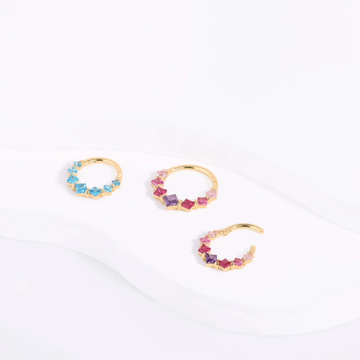 Real gold septum ring with pink blue CZ stones pretty and cute 14K gold nose ring ear piercing Daith piercing