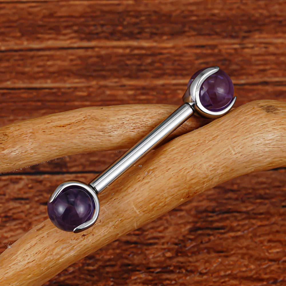 Piercing téton barbell avec pierres précieuses naturelles titane 14G barbell droit fileté intérieurement 12mm 14mm 16mm 1 pièce