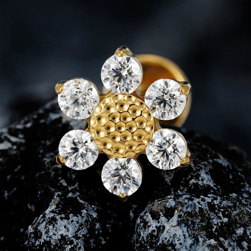 Sunflower piercing labret stud with clear cz stones large titanium stud 16G