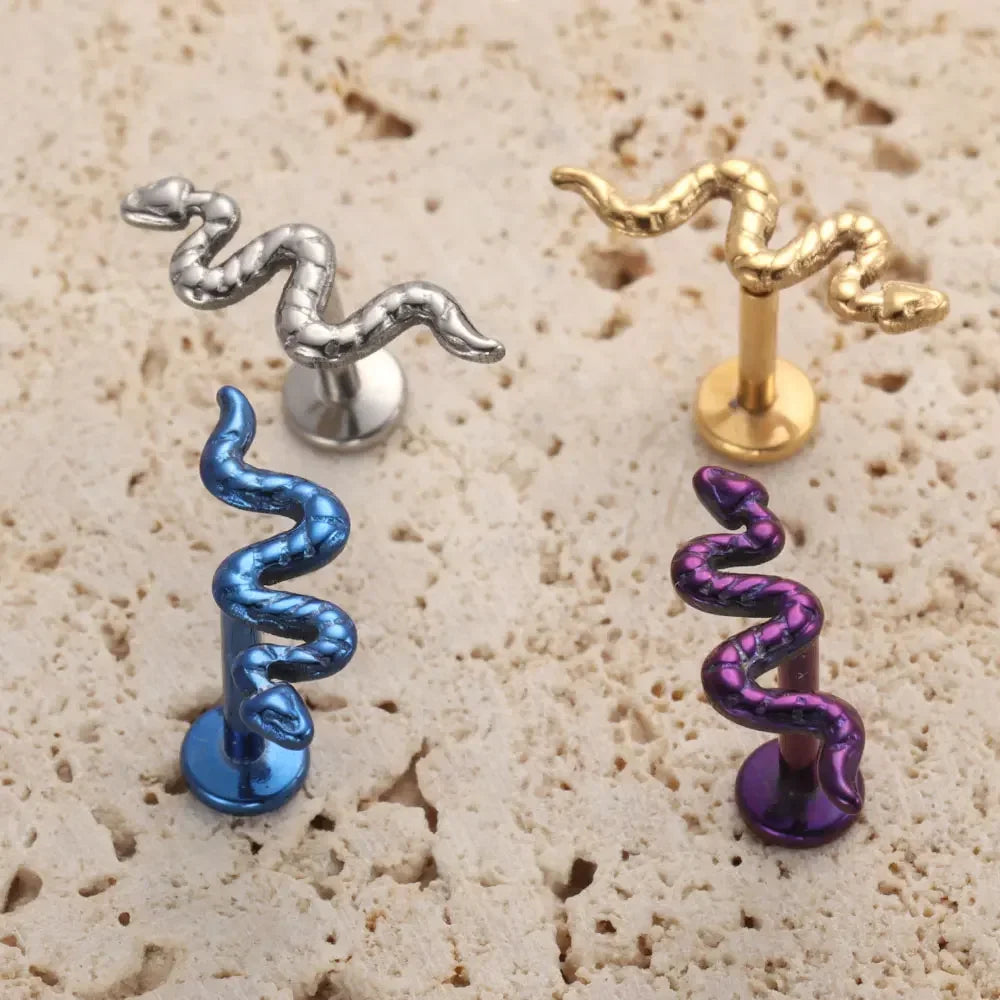 Snake helix earring in silver gold blue purple titanium snake piercing conch stud tragus stud nose stud