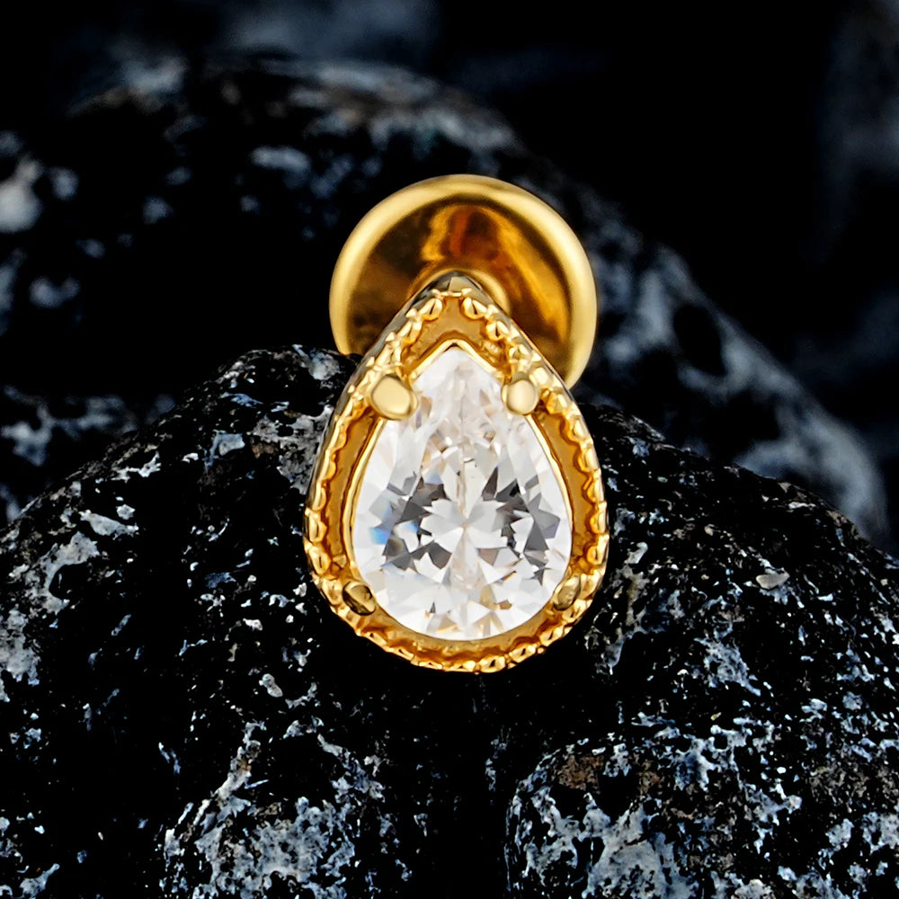 Diamond ear piercing vintage style with a teardrop clear cz stone titanium labret stud