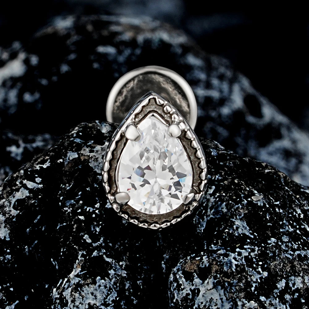 Diamond ear piercing vintage style with a teardrop clear cz stone titanium labret stud