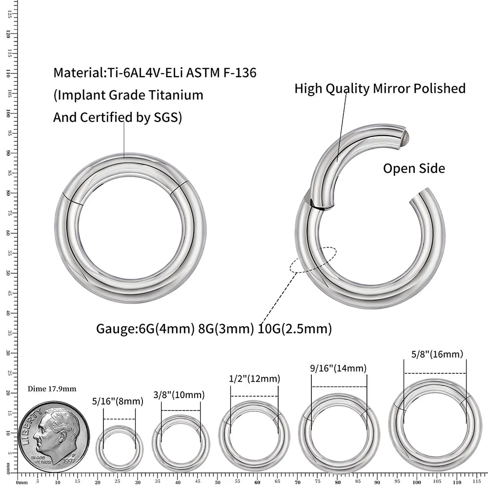Anel de segmento articulado de titânio de grau de implante de piercing de septo de grande calibre 2G 4G 6G 8G 12G