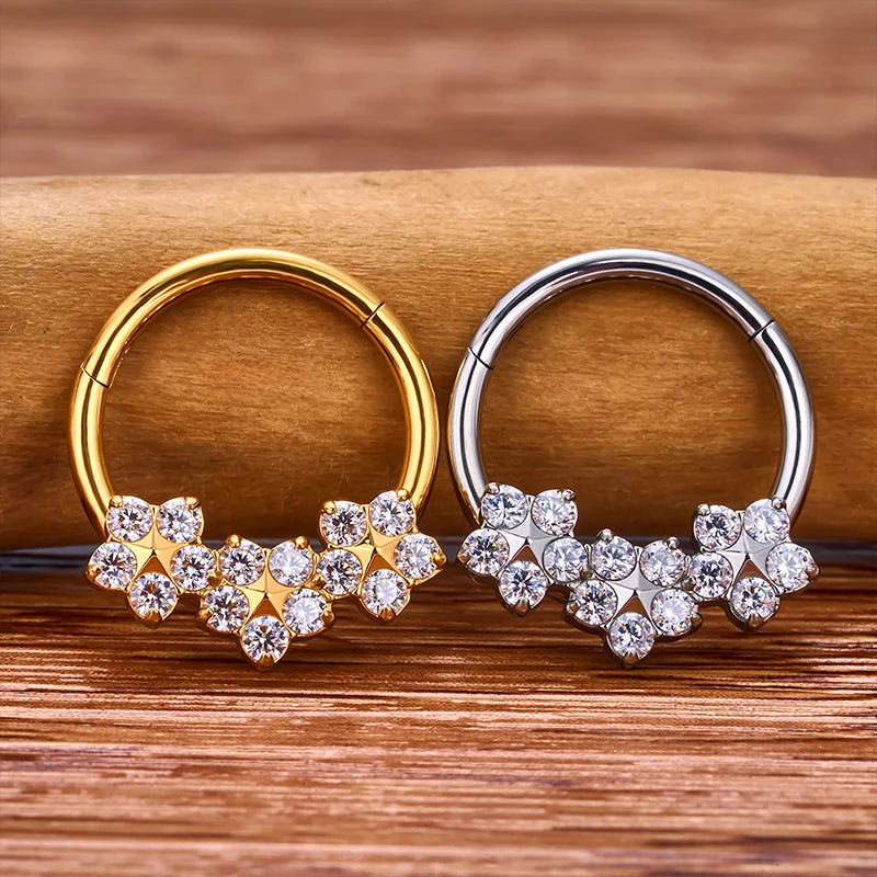 Flower septum ring 16G gold and silver titanium with CZ Flower septum ring 16G gold and silver titanium with CZ