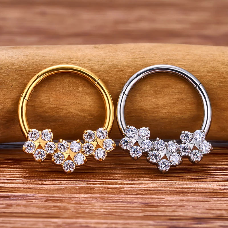Flower septum ring 16G gold and silver titanium with CZ stones daith piercing jewelry nose rings
