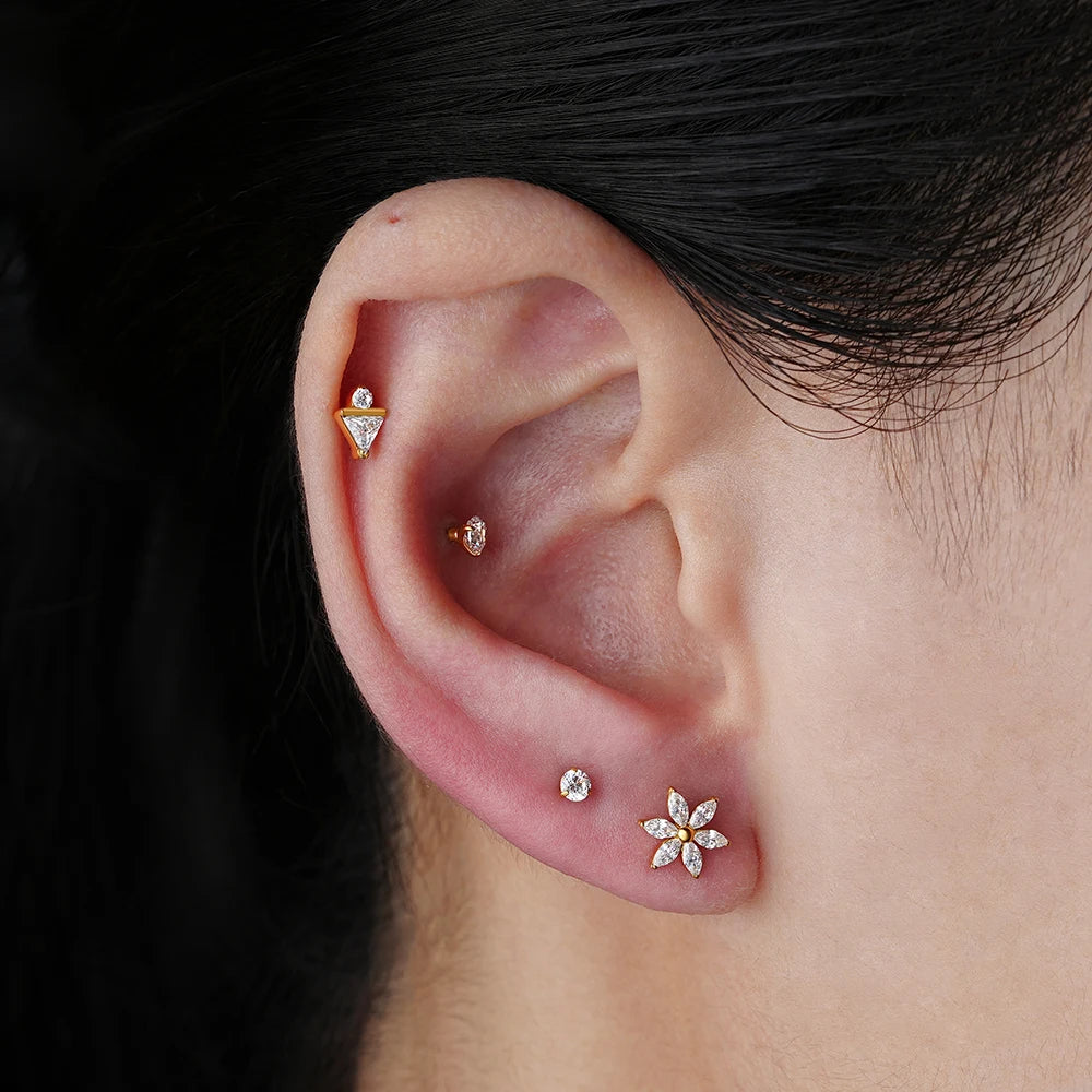 Large flower piercing labret stud with six marquise clear cz stone titanium 16G