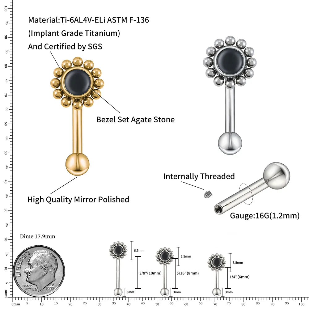 Gold-Rook-Piercing mit einem natürlichen Edelstein, einem 16G-Blume-Rook-Ohrring aus schwarzem Achat-Rook-Titan