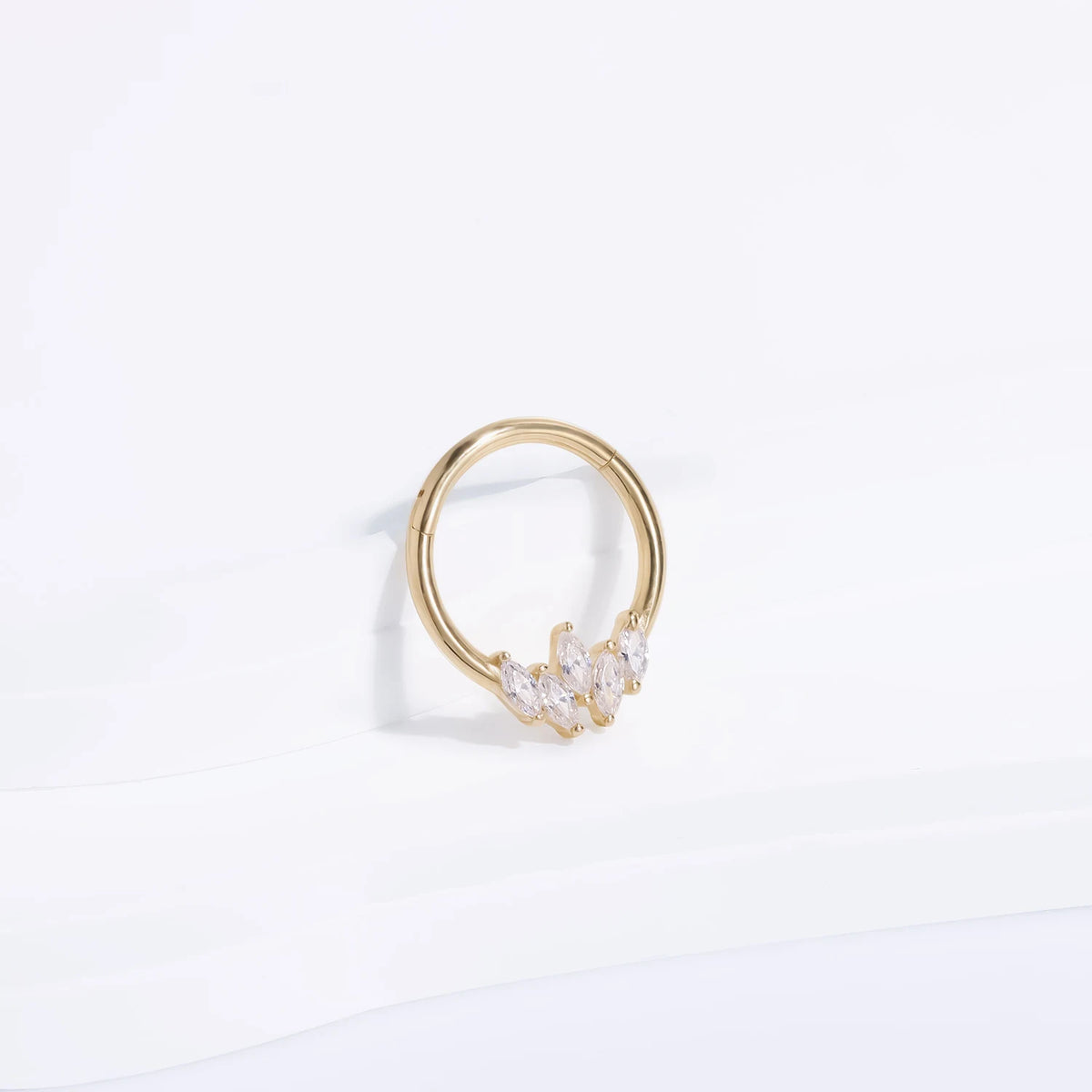 14k gold septum ring with clear CZ stones solid gold hinged segment clicker ring nose ring 16G