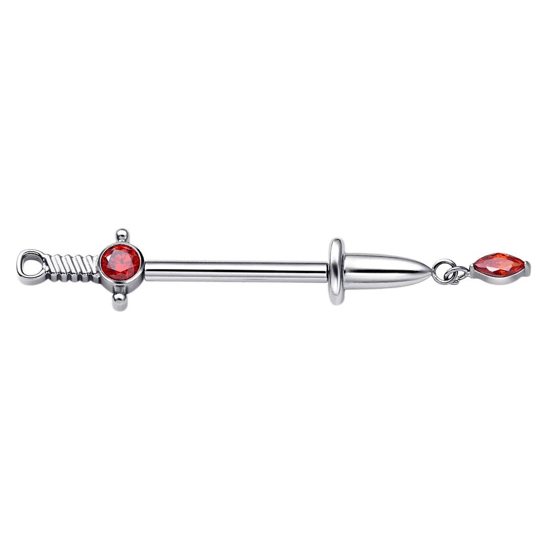 Piercing de mamilo de espada com pedras preciosas vermelhas, barras de mamilo de espada, anéis de mamilo de titânio bonitos e sexy, 2 peças