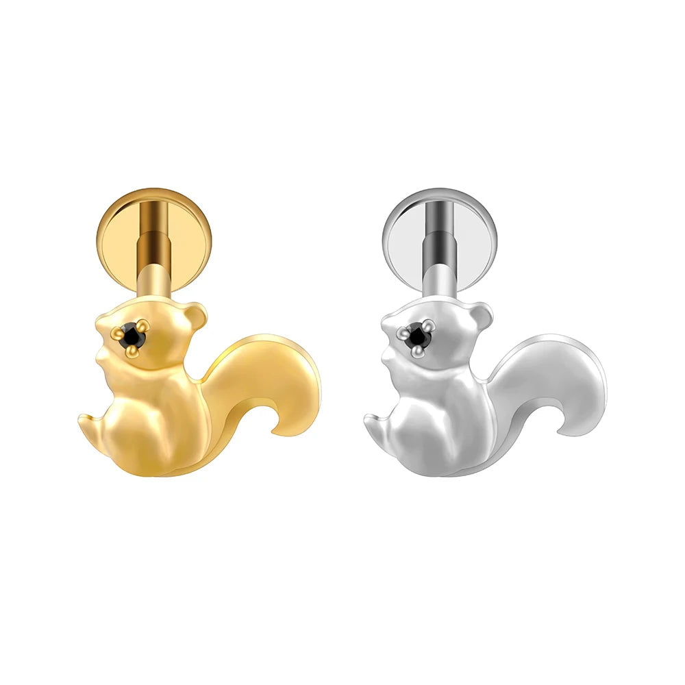 Squirrel piercing with a black stone titanium labret stud animal piercing jewelry stud earring
