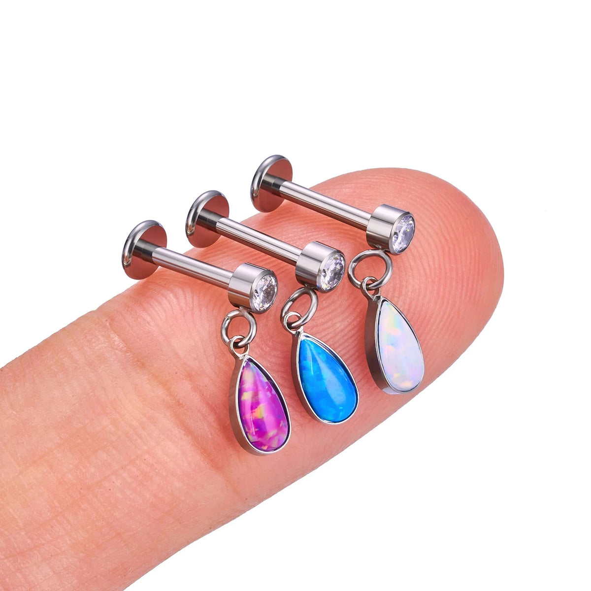 Opal-Ohrpiercing mit weiß-blau-lila-rot-grünem Opal-Titan-Ohrstecker 16G