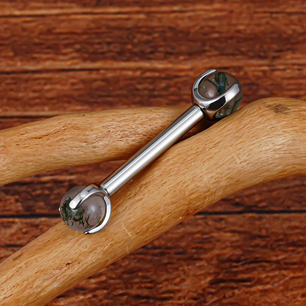 Barra de piercing de mamilo com pedras preciosas naturais titânio 14G barra reta com rosca interna 12mm 14mm 16mm 1 peça