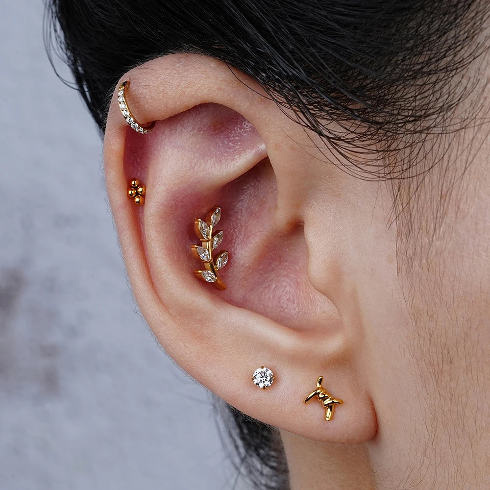 Leaf stud earring with diamond titanium leaf nose stud helix piercing conch stud 6 leaf stud