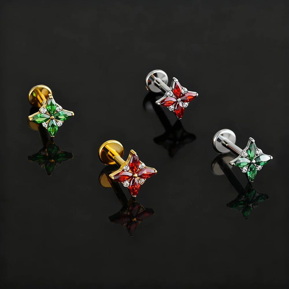 Labret stud nose piercing with marquise red stones flower piercing