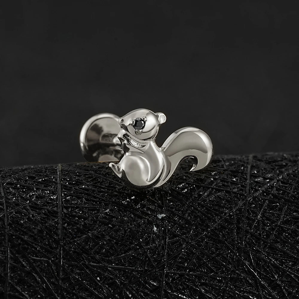 Squirrel piercing with a black stone titanium labret stud animal piercing jewelry stud earring