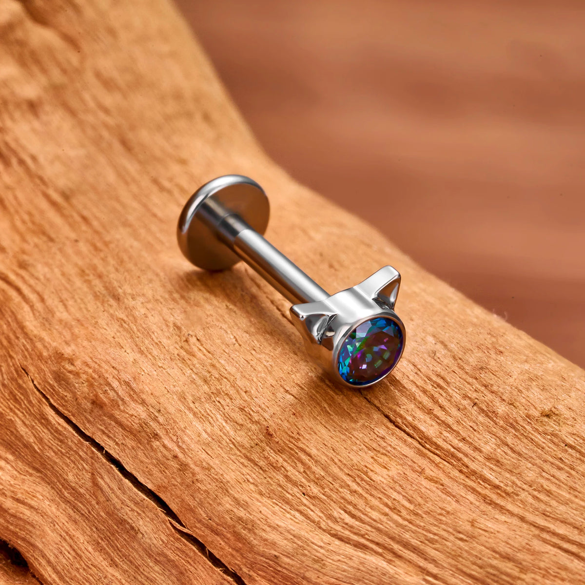 Piercing en oreja de gato con circonita cúbica transparente rosa o azul, titanio 16G