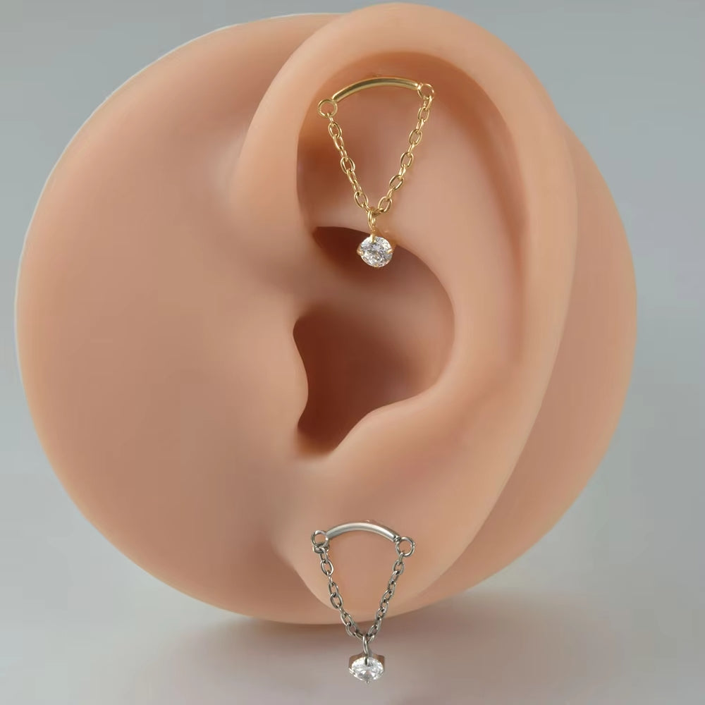 Hidden Helix earring with a round clear cz stone and a chain classic Floating Helix piercing titanium stud