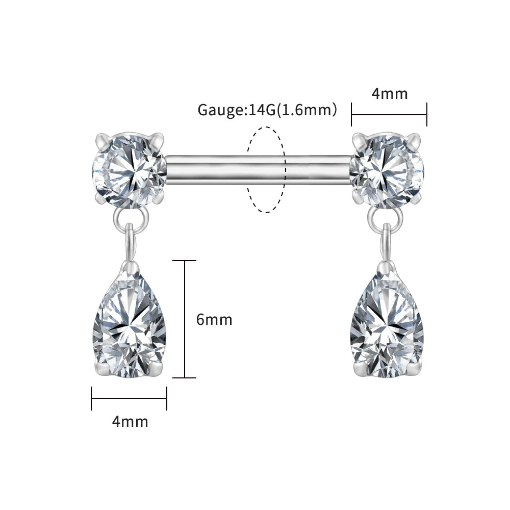 Nipple ring with teardrop-shaped gemstones and measurement details on a white background