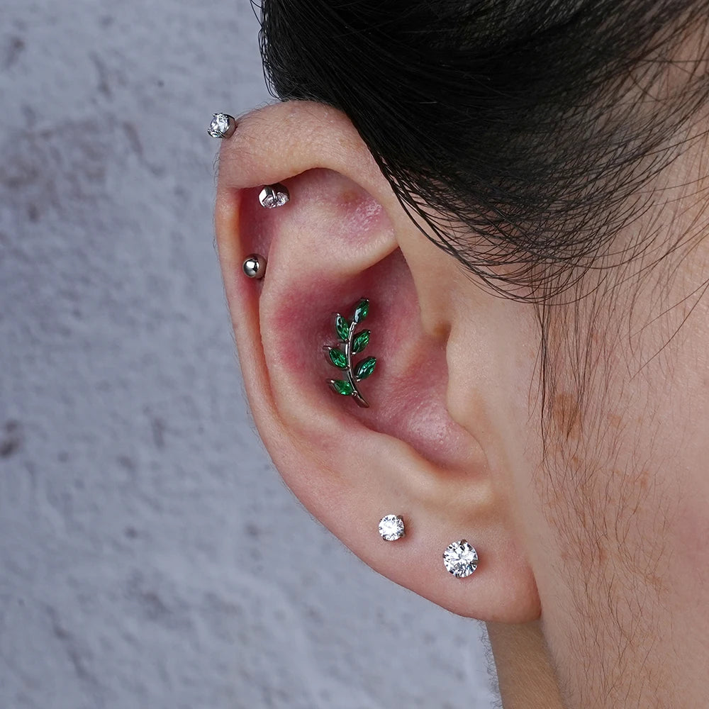 Leaf stud earring with diamond titanium leaf nose stud helix piercing conch stud 6 leaf stud
