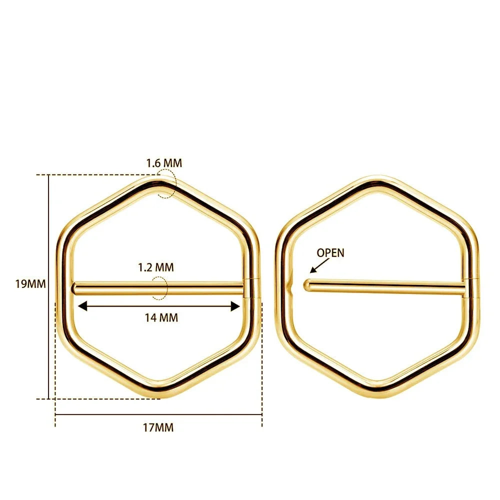 Anillo de pezón hexagonal piercing de pezón de titanio plata y oro muy únicos 16G 14 mm