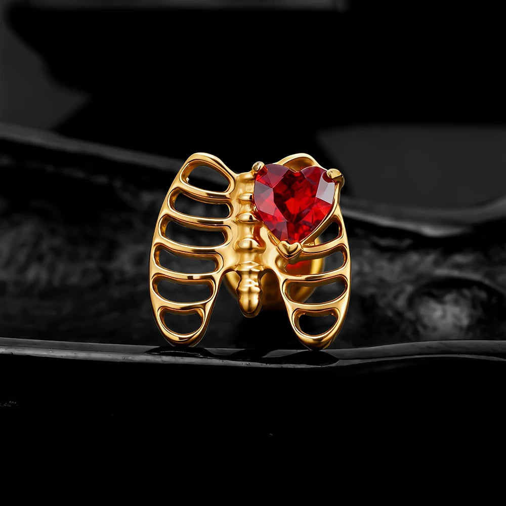 Ribcage earring with a heart-shaped red stone ribcage piercing stud go ...