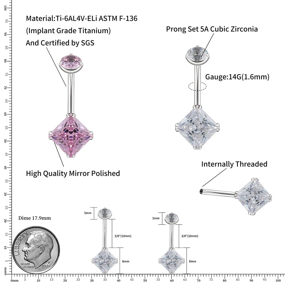 Diamant-Bauchnabelpiercing mit quadratischem Zirkonia-Titan-Nabelpiercing