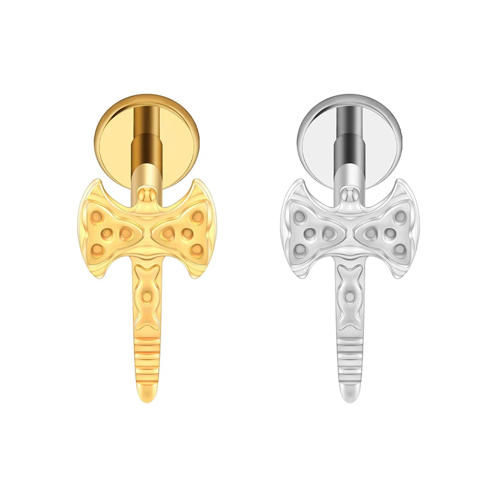 Double-bit axe piercing made of titanium unique stud earring