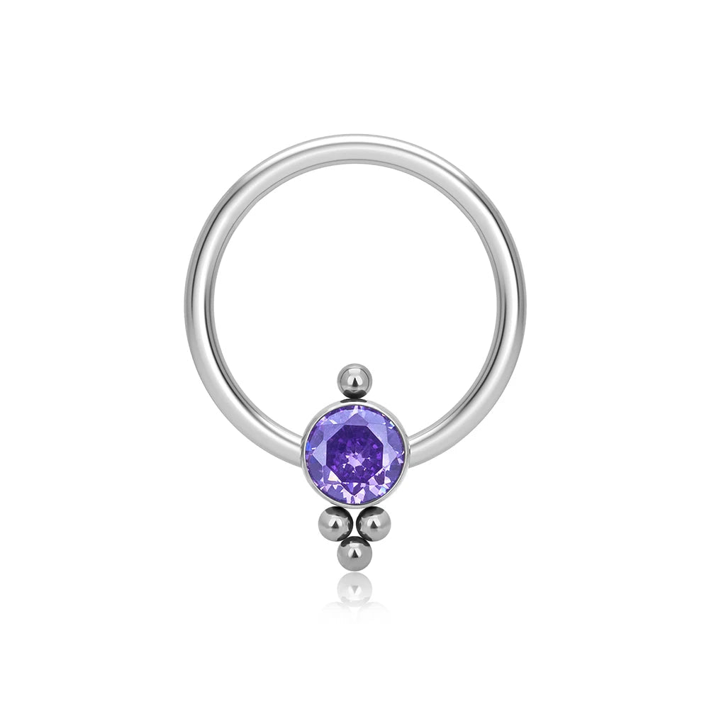 Captive bead septum ring with a clear pink blue yellow purple green black red cz stone