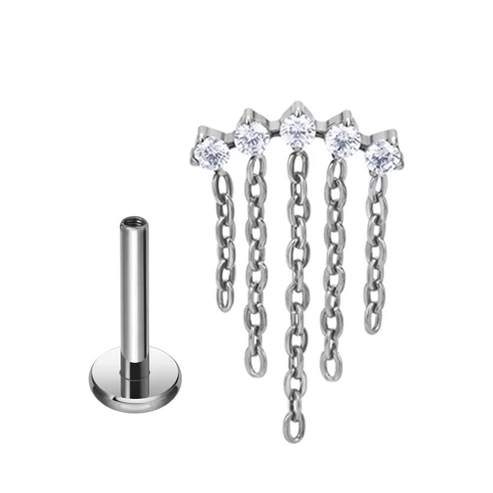 Piercing em hélice com correntes, pedras cz transparentes e brinco de corrente de titânio com barra curva