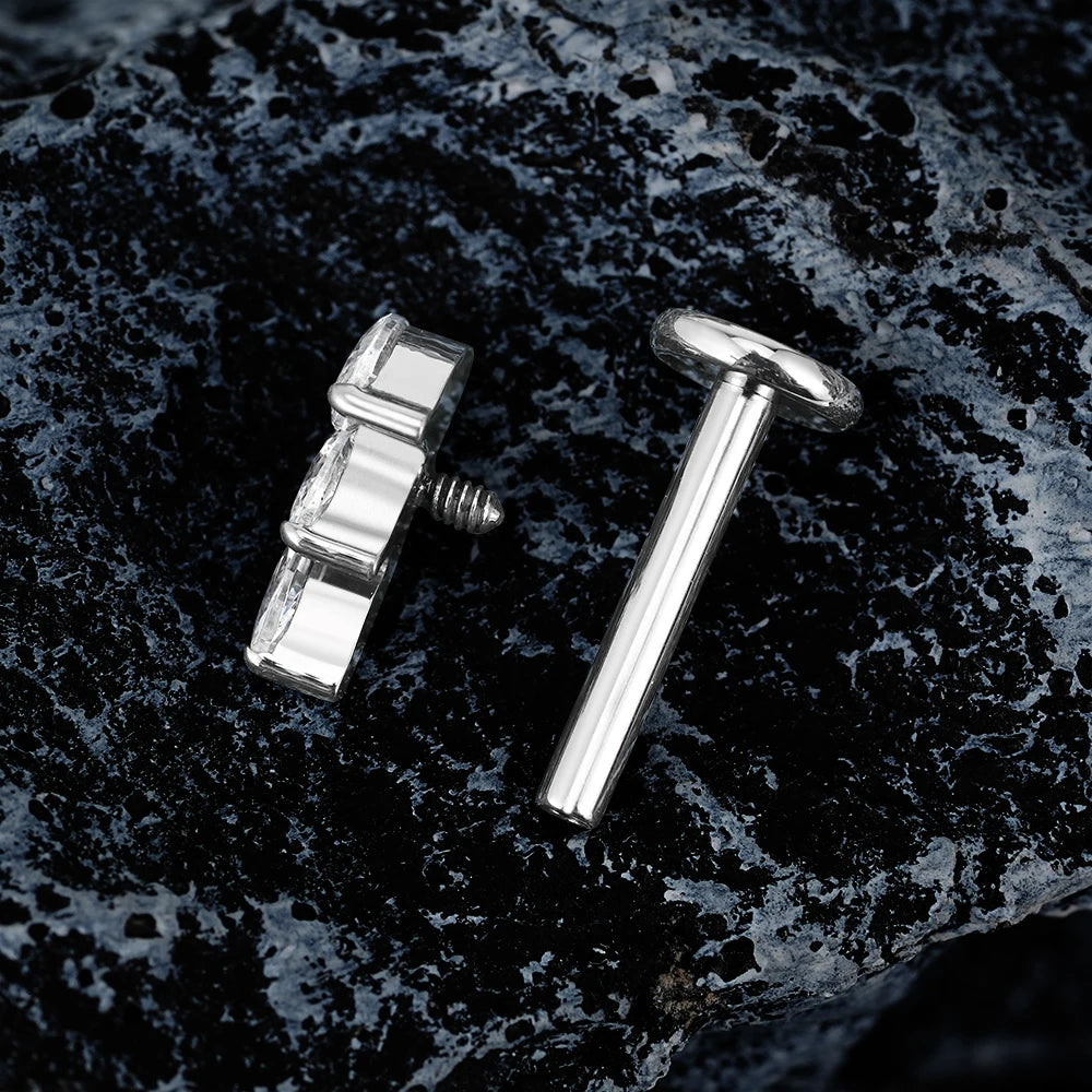Diamond labret stud with three marquise clear cz stones titanium cluster ear stud