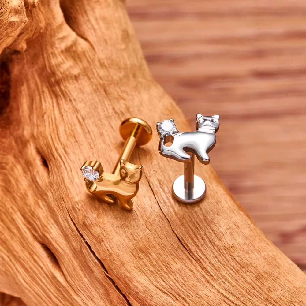 Cat ear piercing with a clear cz stone made of titanium 16G nose piercing