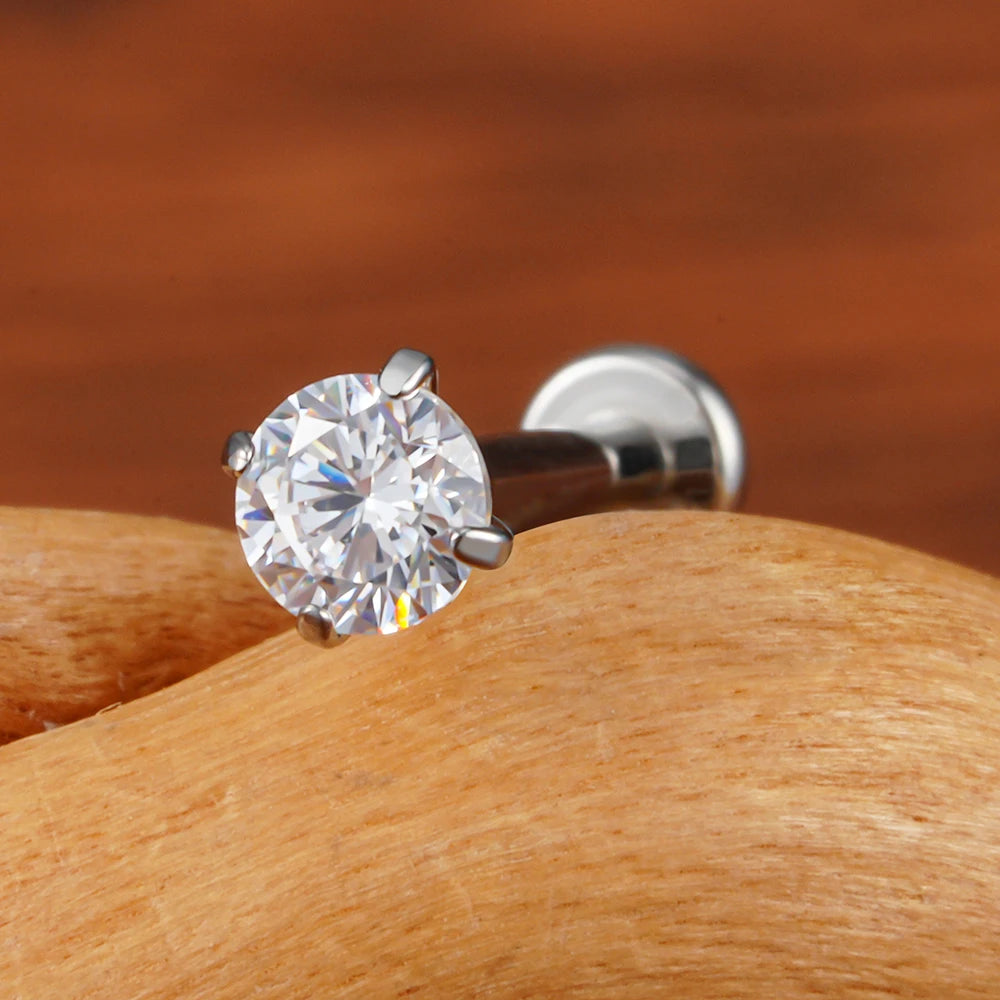 Threadless labret stud with a clear cz stone tiny and simple titanium 18G 16G