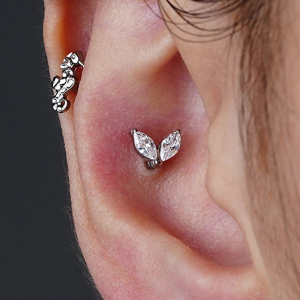Diamant näsring med två marquise klara cz-stenar, liten och söt titan piercing labret