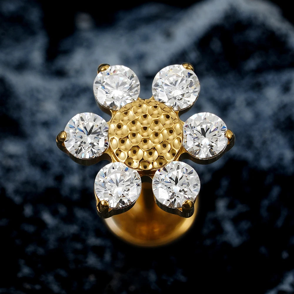 Sunflower piercing labret stud with clear cz stones large titanium stud 16G