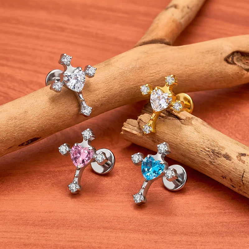 Cross stud earring with a heart-shaped cz stone gothic and punk