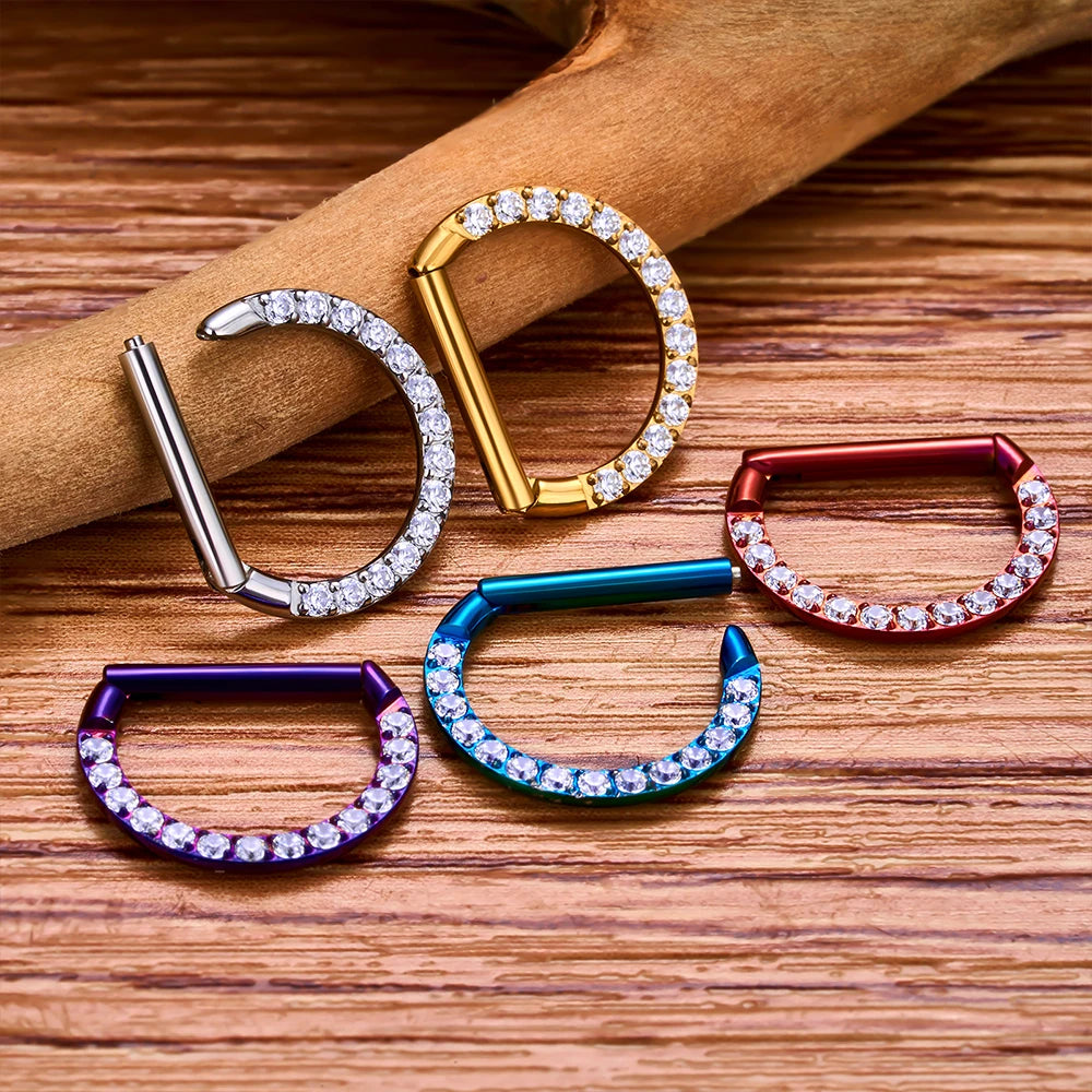 Anneau de nez en forme de D avec zircone cubique transparent en titane 16G en argent et or