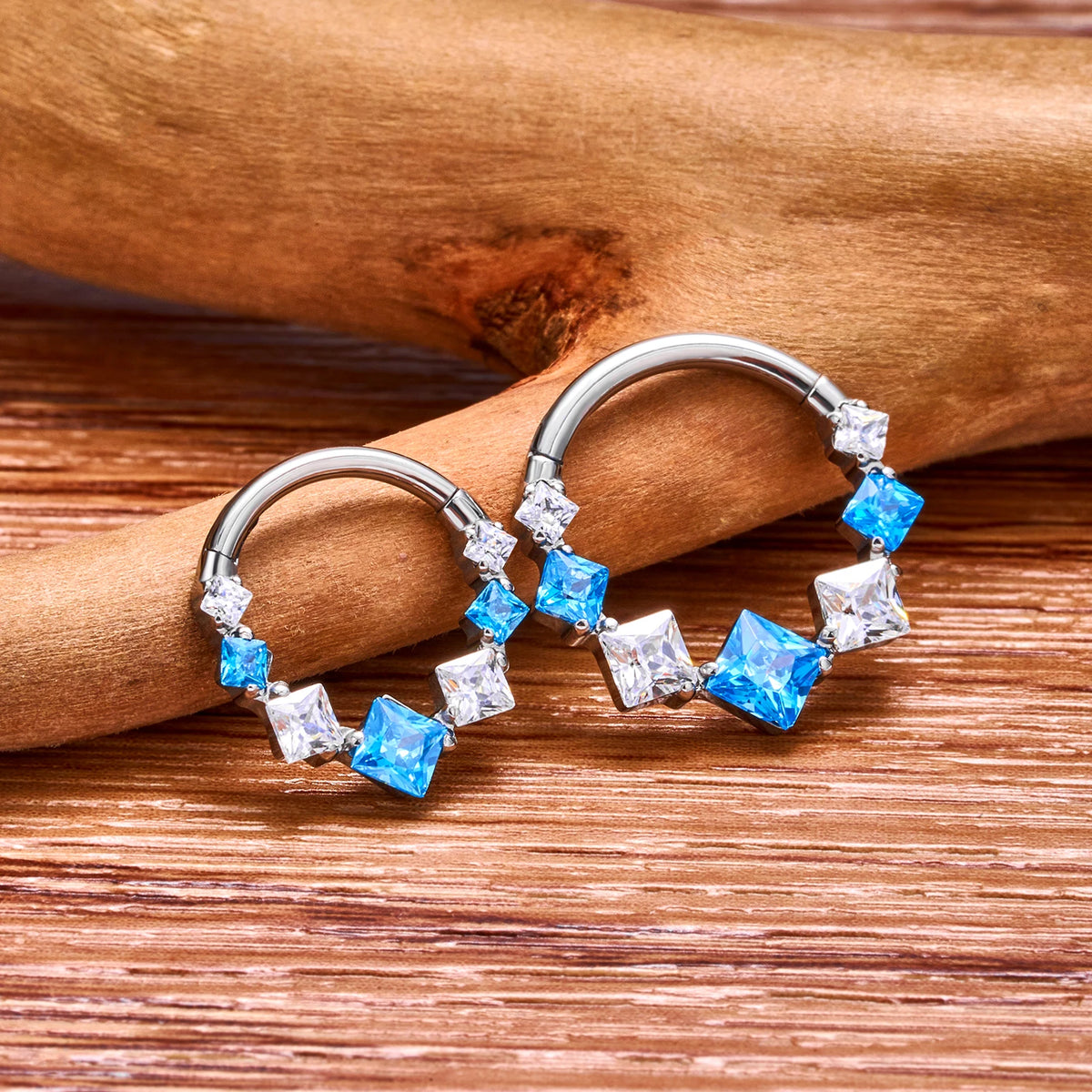 Gold daith earring with square clear pink or blue cz stones made of titanium in silver color 16G