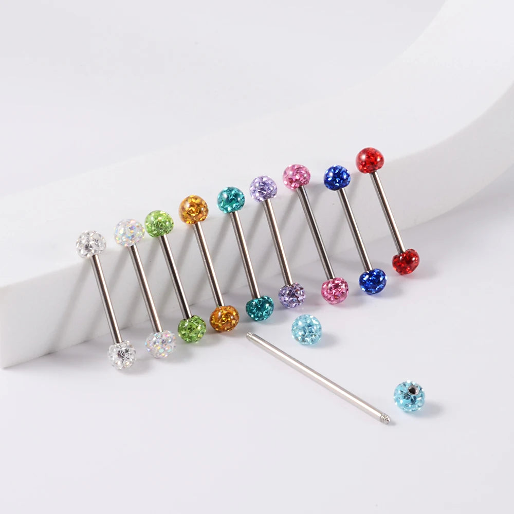 Hermoso piercing industrial con bolas de cristal de colores, joyería industrial de titanio para piercing de lengua con barra