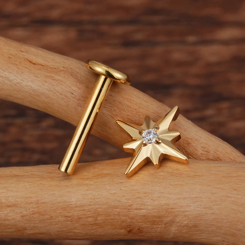 Inner conch stud with a star and a diamond flat back 16 gauge gold silver titanium