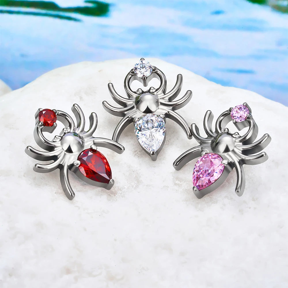 Spider nose stud with a clear pink or red diamond spider stud earring titanium piercing stud