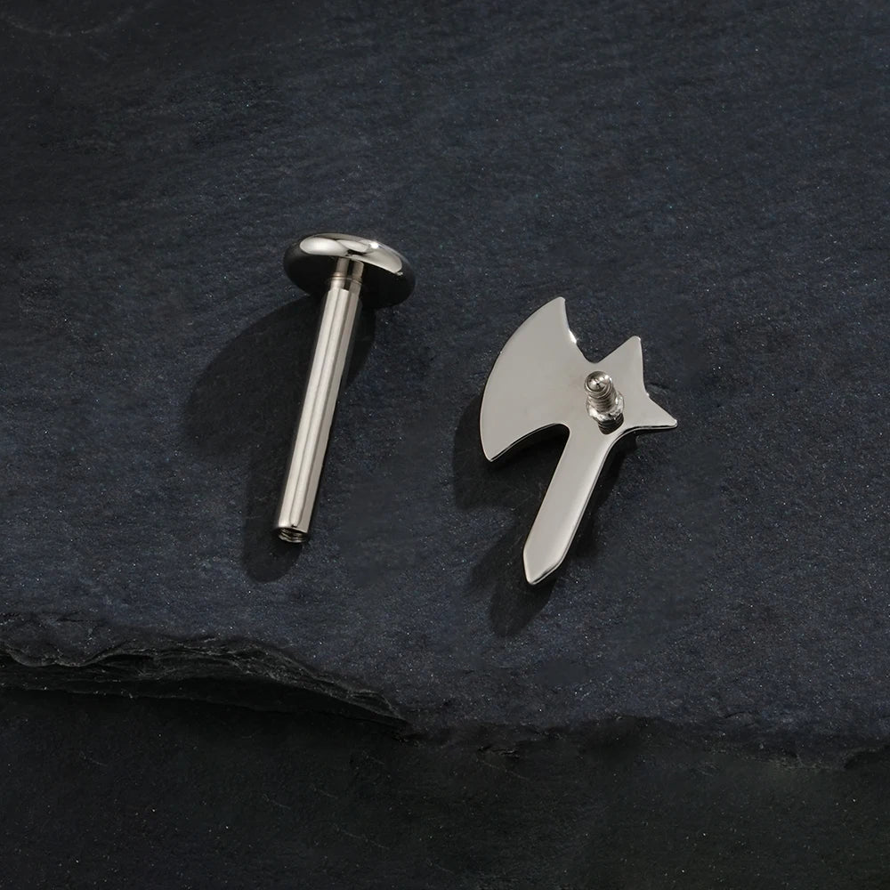 Axe piercing with a clear stone titanium hatchet labret stud gothic and punk Halloween