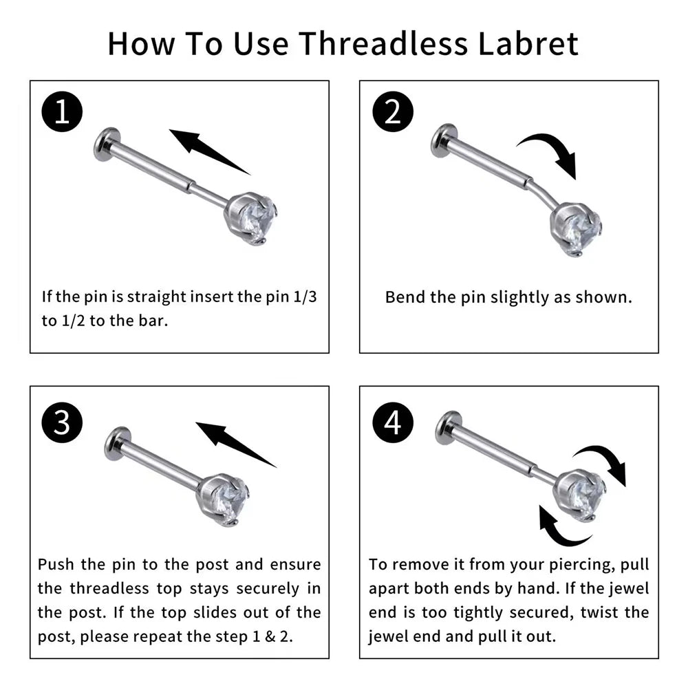 Threadless cz stud bezel setting titanium piercing labret small and simple 18G 16G