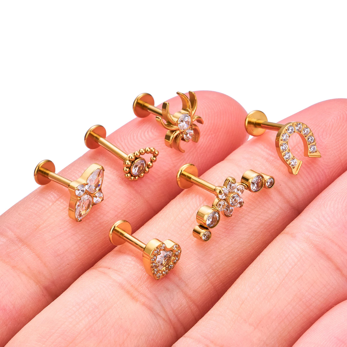 Spider stud earring with clear diamond cz in gold titanium spider nose stud