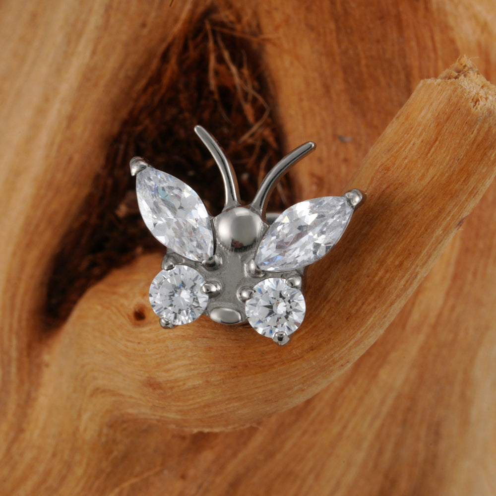 Piercing Labret lindo con una piedra CZ de titanio de grado implante de 16G con forma de mariposa y parte posterior plana