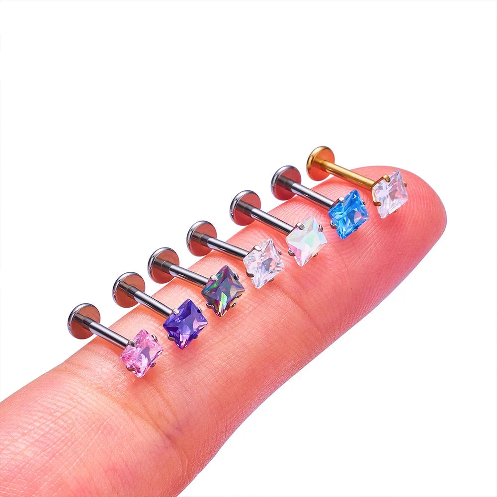 Vierkante diamanten stud oorbel titanium neus stud lip stud