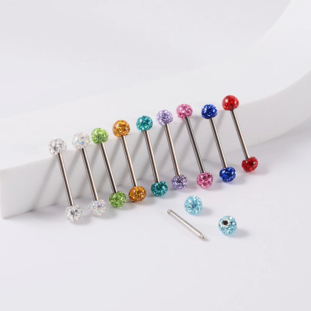 Beau piercing industriel avec boules de cristal colorées, bijoux de piercing de langue en titane
