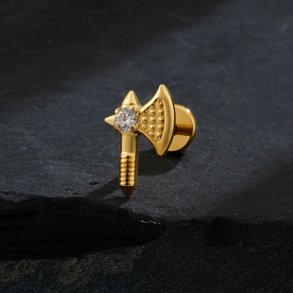 Axe piercing with a clear stone titanium hatchet labret stud gothic and punk Halloween