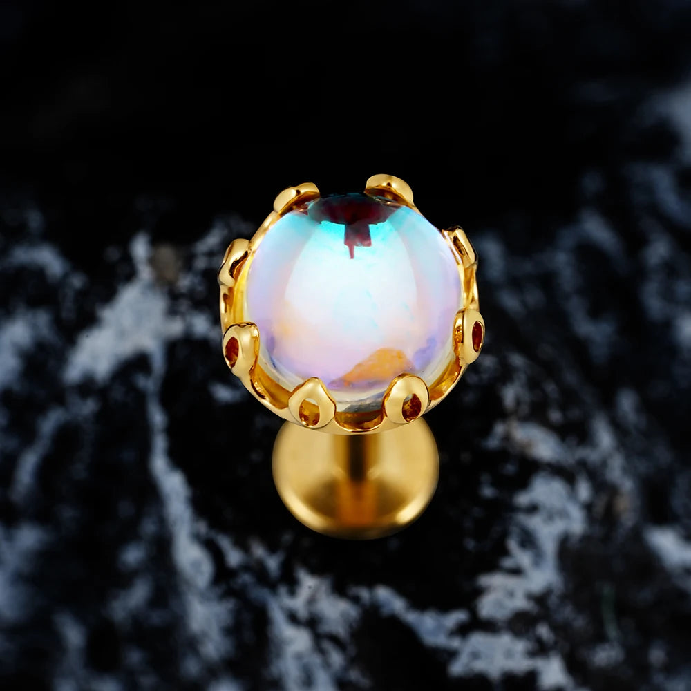 Moonstone piercing stud with a round stone titanium 16G lip stud nose stud ear stud
