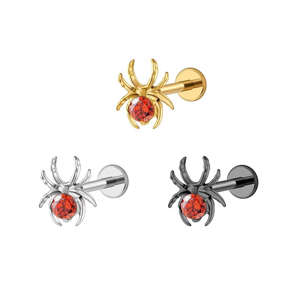 Spider piercing with a red gem in black silver and gold Halloween piercing jewelry titanium ear stud 16G